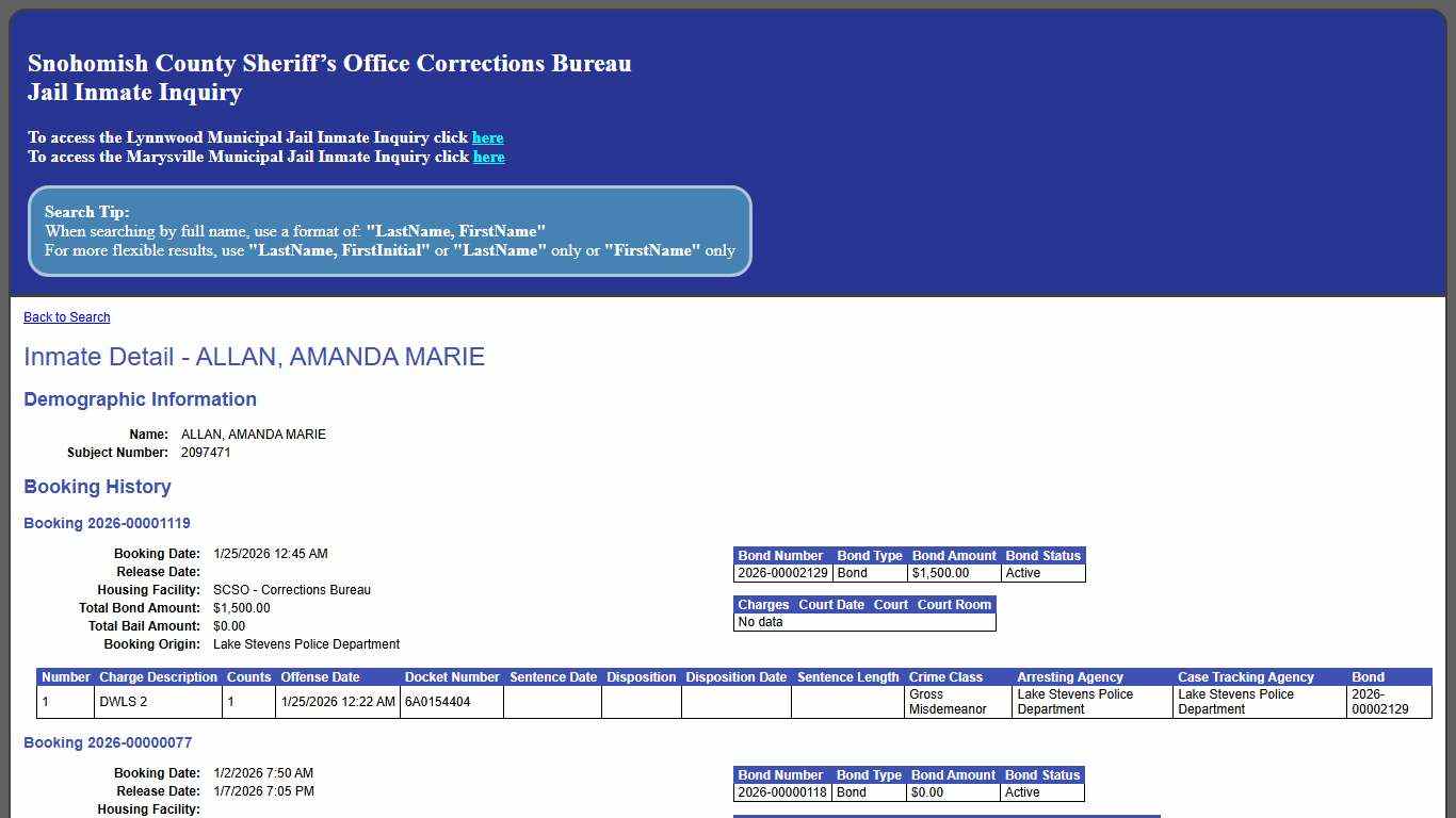 Inmate Detail - ALLAN, AMANDA MARIE
